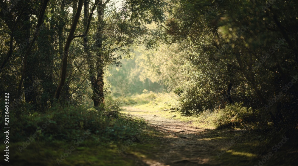 Obraz premium Walking path through a forest during early morning light in a peaceful countryside location