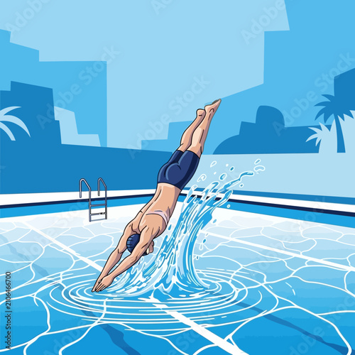 An illustration of a person diving headfirst into a blue swimming pool, creating a large splash, with a city skyline in the background.