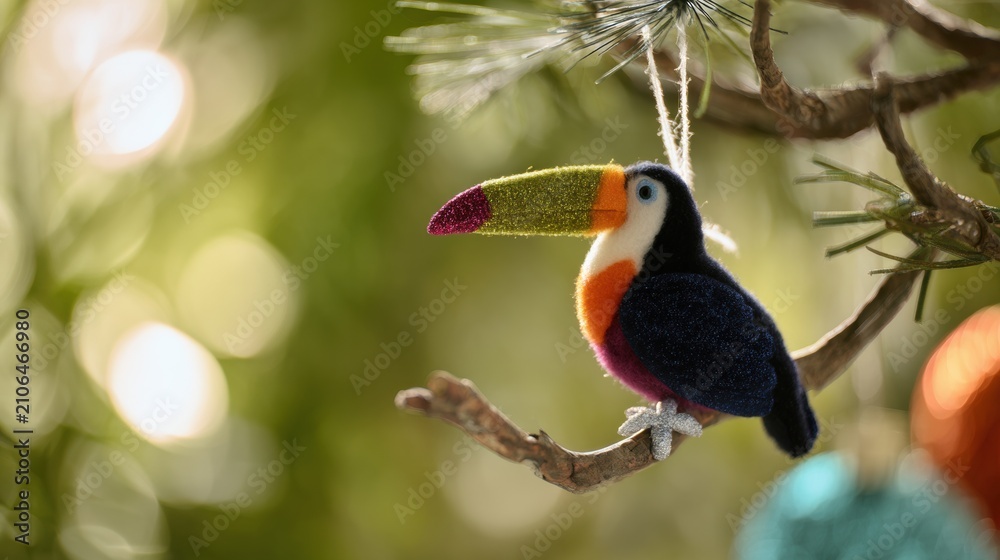 Obraz premium Colorful toucan ornament hanging from a branch during a holiday celebration