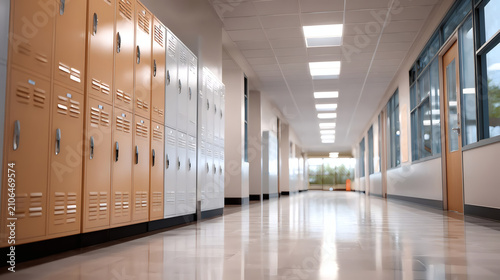 Bright, empty school corridor with lockers and classrooms. Modern design, clean, spacious hallway interior, perfect for education or architecture themes.