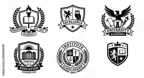 University Crests And Seals Black Vector Illustrations On White Background
