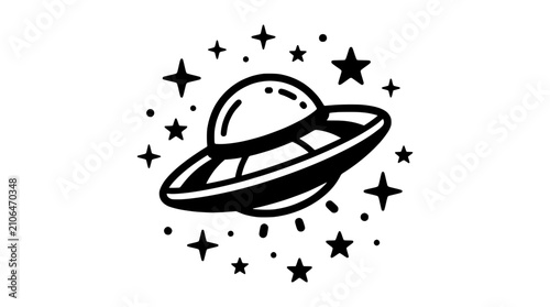 Tableau sur toile UFO flying saucer surrounded by stars, retro sci-fi illustration