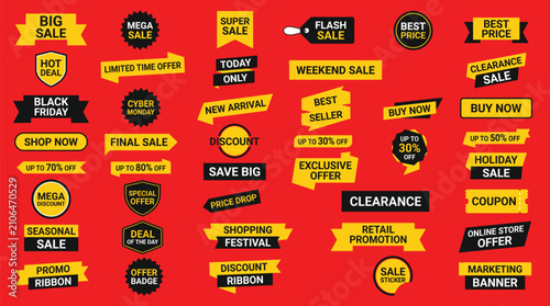 Set of various sale and discount badges, labels, and banners for retail marketing and ecommerce promotions