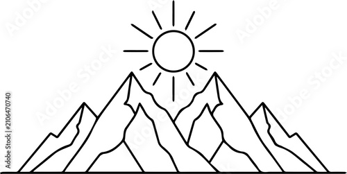 Mountain Landscape Line Art with Sun Outline, Minimal Nature Illustration, Black and White Coloring Page