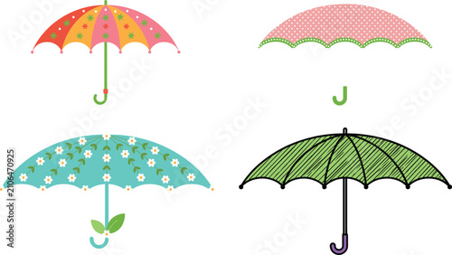 Tableau sur toile Cute Decorative Umbrellas Vector Set Featuring Colorful Parasols with Floral Pat