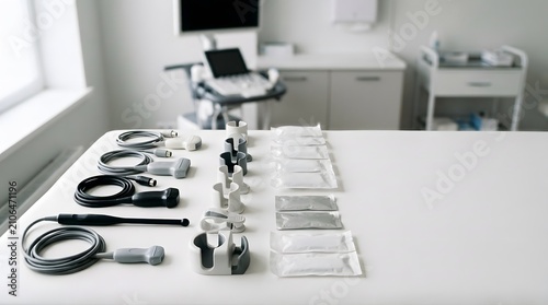 sterile ultrasound probes accessories and diagnostic supplies arranged on clean medical workstation inside modern imaging examination room
