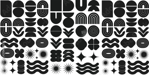 Set of modern minimalist geometric shapes, abstract vector elements, bauhaus style icons, trendy contemporary symbols, organic forms, lines, and patterns