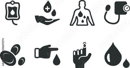 Fotografía Medical blood donor and hematology solid icon set featuring transfusion bag pressure monitor cells and testing finger