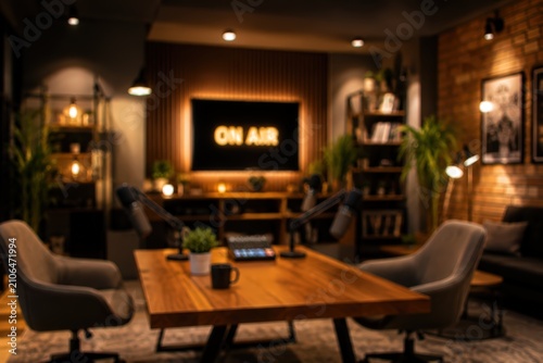 Professional podcast studio interior recording booth microphones wooden table on air sign blurred background broadcast media workspace