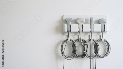 wall mounted ultrasound probe organizer with neatly stored diagnostic transducers in modern healthcare examination room for efficient clinical workflow