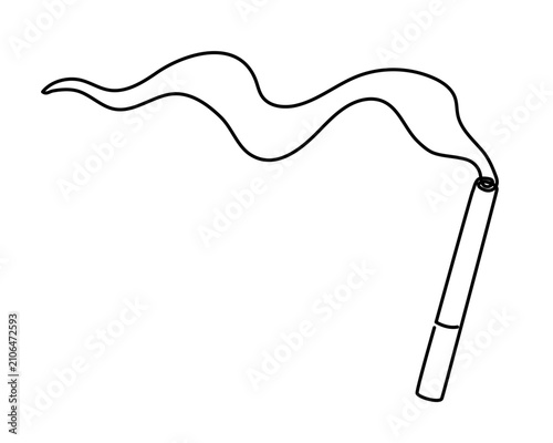 Lit cigarette with abstract smoke wave one line art, unhealthy bad smoking habit continuous line drawing, nicotine addiction and health warning concept. Editable stroke. Isolated vector illustration.