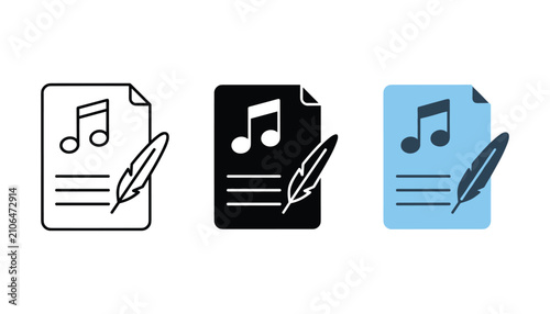 Foto Music sheet with musical note and feather pen icon in three variations of outlin