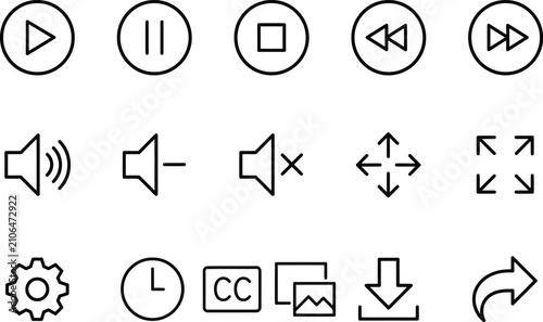 Collection of minimalist black line icons for media playback volume settings and display controls