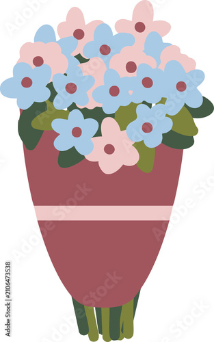 Hand Drawn Bouquet of Blue and Pink Flowers Wrapped in Red Paper