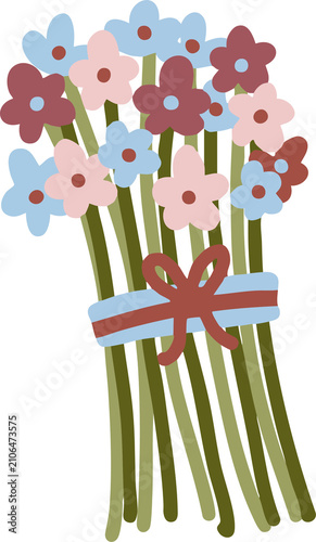 Hand Drawn Pastel Flower Bouquet with Ribbon Flat Illustration