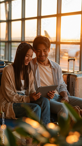 Couple in Airport Lounge: A smiling couple, possibly on vacation or a business trip, sits comfortably in a modern airport lounge by large windows, looking at a tablet together.