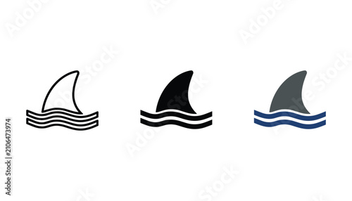 Fotografie Shark fin in ocean waves icon set featuring minimalist line art solid black and