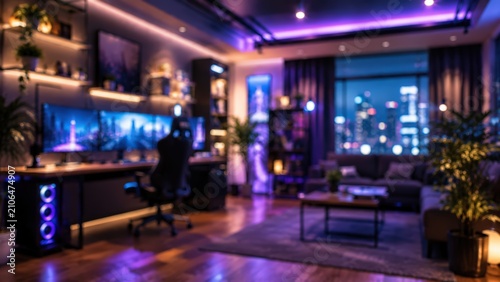 Modern gaming room setup home office workstation neon lighting city skyline view blurred background interior design technology