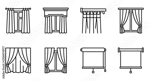 Photography Line Art Curtains And Blinds Collection Minimalist Vector Illustration