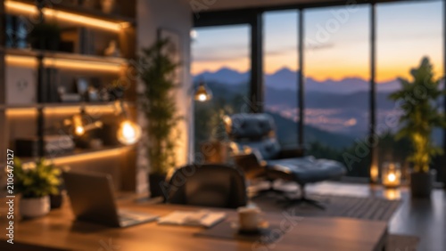 Blurred home office workspace interior desk laptop library bookshelves sunset mountain view luxury apartment study room aesthetic background