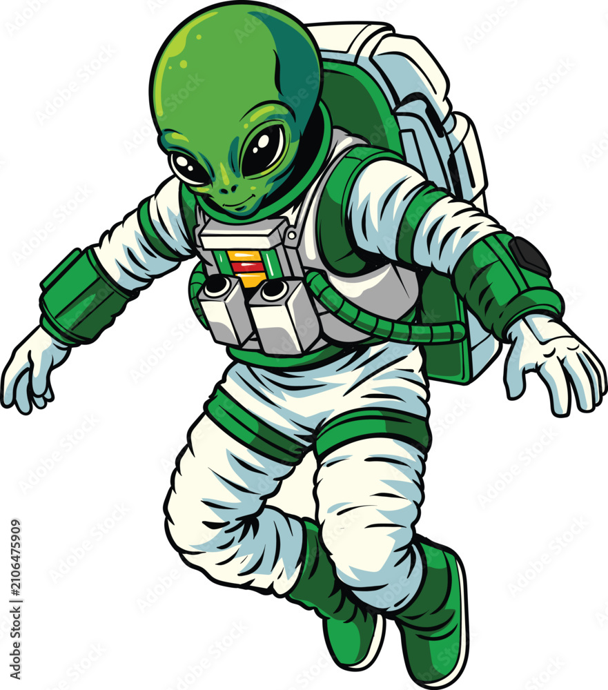 Obraz premium Detailed retro hand drawn illustration of a green alien in a green-accented spacesuit floating through outer space