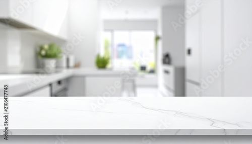 Clean white countertop on modern home kitchen background, spacious copy space, product display mockup