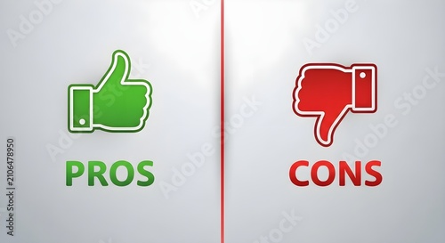 Minimalist graphic showing thumbs-up labeled 'pros' and thumbs-down labeled 'cons' against contrasting red and green background.