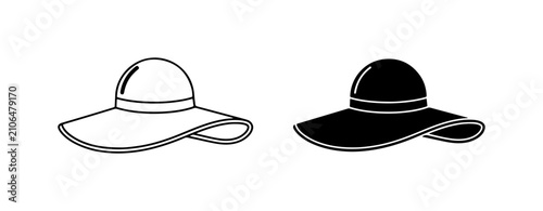 Photos Wide Brim Sun Hats, Summer Fashion Accessories, Black and White Vector Icons
