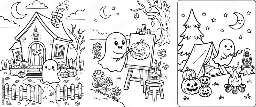 Fototapeta premium Cute Halloween coloring pages for kids. Ghost characters in spooky fun autumn scenes.
