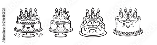 Kawaii birthday cake coloring page set, cute cartoon celebration cakes with candles and faces, 4 black and white vector icons for kids activity