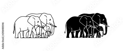 Konstfotografi Elephant Family Silhouette, Outline Vector Art, Mammal Herd, Wildlife, Nature