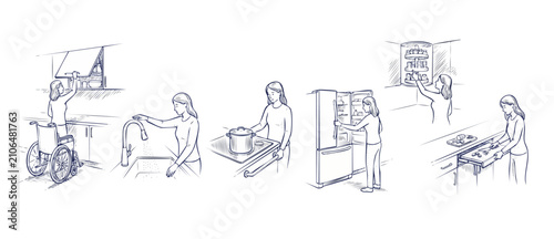Fotografía Universal kitchen design accessible illustration showing ergonomic home adjustments for disabled people in wheelchair, including pull-out counters, lowered cabinets, and easy reach appliances