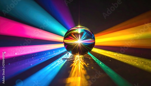 Vibrant sphere with rainbow light beams projecting outwards across a reflective surface, creating a dazzling effect