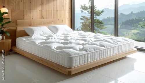 Plush, inviting mattress on wooden frame with two pillows, against a wood paneled wall and a mountainous landscape view