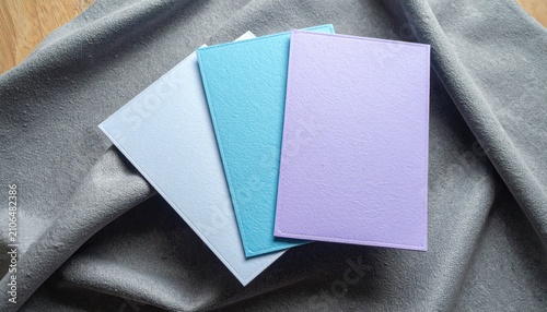 Three rectangular, textured pastel cards sit atop textured gray fabric and wood floor