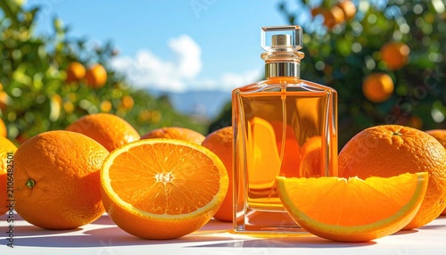 Aromatic perfume bottle surrounded by fresh oranges in a sunny orchard under a bright blue sky on a white surface