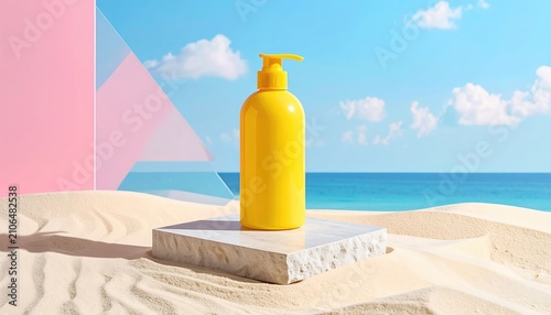 Yellow bottle on a marble block on a sandy beach with bright ocean backdrop