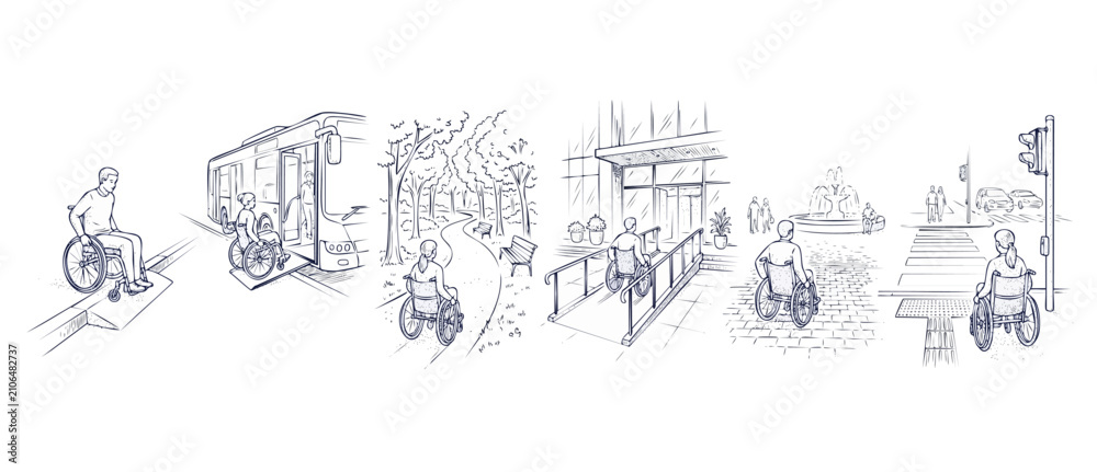 Obraz premium Wheelchair Accessibility Vector Line Art Illustration set showing disabled people navigating barrier-free urban environments, accessible ramps, public transport, and tactile paving crosswalk paths.