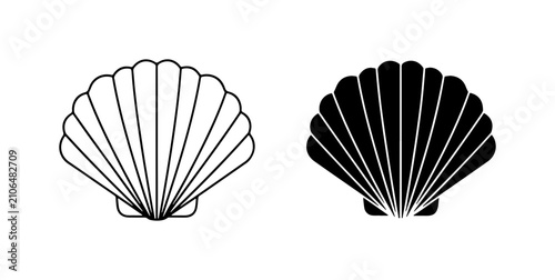 Quadro su tela Scallop Shell Icons, Black and White Marine Life Vector Graphics, Ocean Beach Na