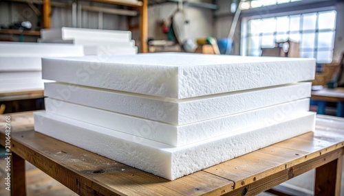 A stack of white foam sheets sits on a worn wooden surface in a bright, industrial-like space