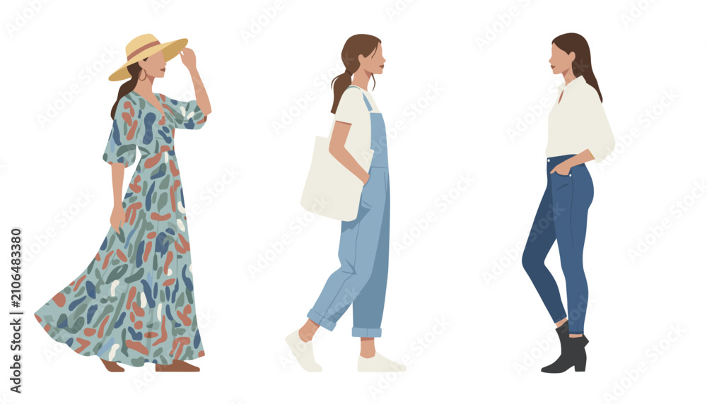 Naklejka premium Three stylish women showcase contemporary fashion trends wearing dresses, overalls, and trendy casual clothing.