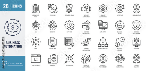 Business automation icon set. including process, optimization, robotic integration, business model, and more. outline icon set. vector illustration with editable stroke