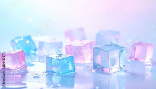 Cubes of colorful ice melt on a bright surface, creating puddles and reflections in a soft pastel light