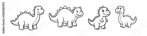 Cute dinosaur coloring page set, 4 cartoon dino characters in black and white line art, prehistoric animal vector illustrations for kids activity books