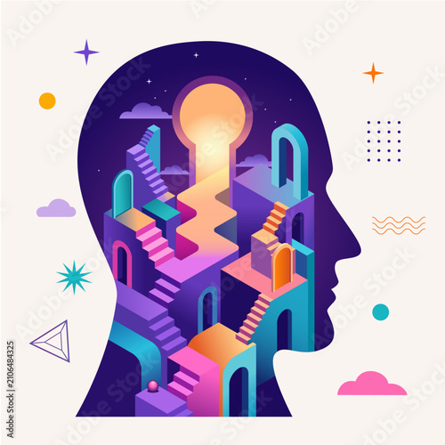 Mental Health Growth Journey Concept with Human Head Silhouette and Abstract Isometric Blocks and Stairways