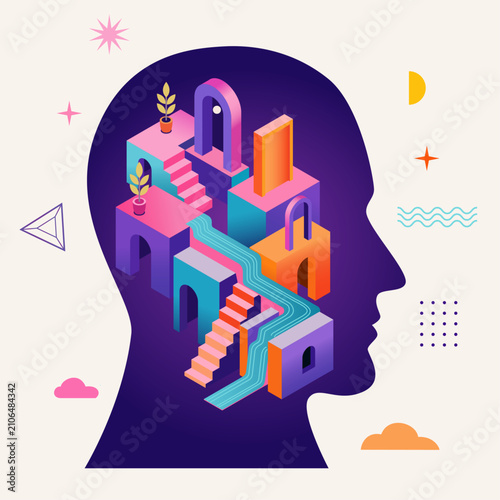 Mental Health Growth Journey Concept with Human Head Silhouette and Abstract Isometric Blocks and Stairways