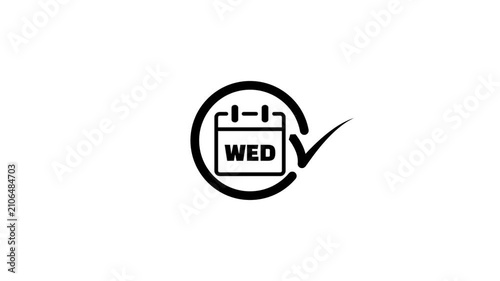 Black calendar icon showing wednesday with check mark symbol animation on white background.