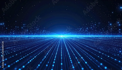 Digital blue Perspective grid lines lead to a bright light source on a starry backdrop