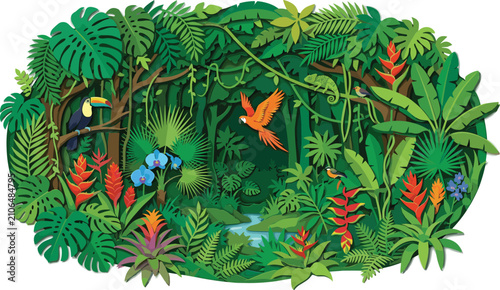 Tropical Rainforest Jungle Vector Graphic Design with Paper Cut Style Monstera Leaves Exotic Birds Chameleon and Blooming Wild Flowers for Nature Backgrounds
