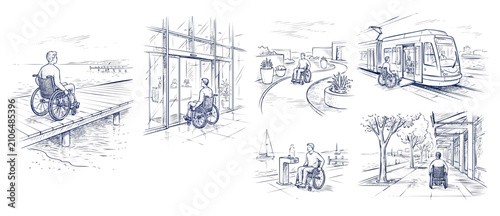 Wheelchair accessibility line art drawing of a disabled man navigating inclusive public infrastructure, including public transit, building entrances, ramps, and boardwalks in a hand-drawn style.
